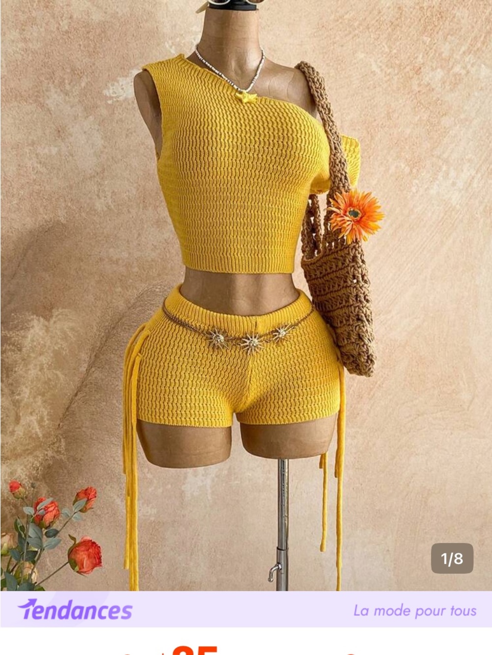 SHEIN Yellow One-Shoulder Knit Crop Top & Drawstring Bike Shorts Set